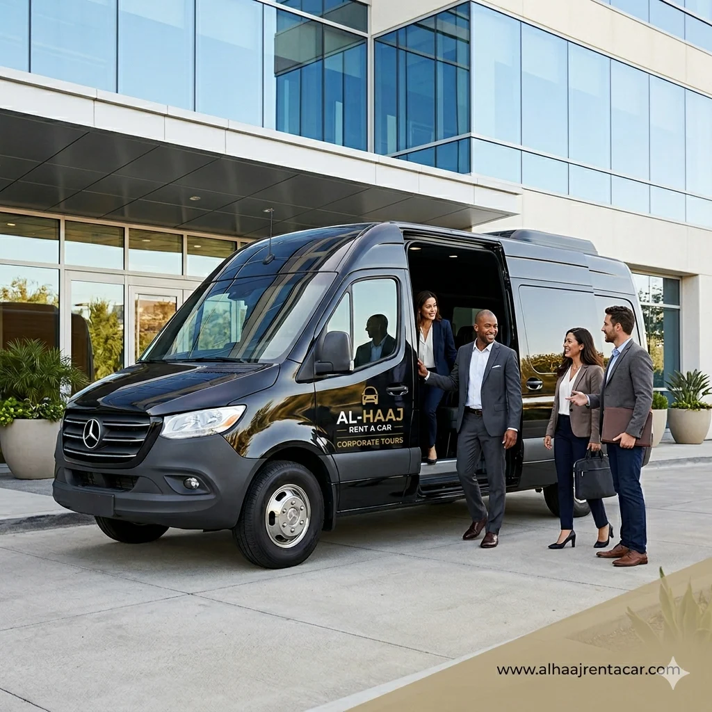 Professional corporate tour transport service by Al-Haaj Rent A Car featuring a luxury van and business executives.